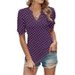 Women's Casual V-Neck Puff Sleeve Polka Dot Print Top