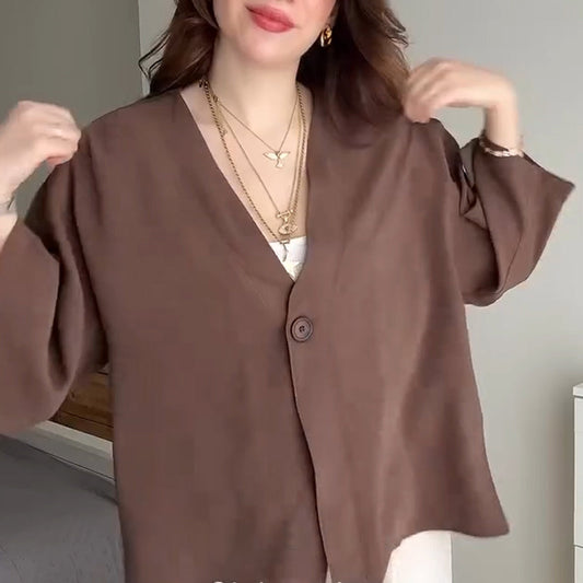 Women's Solid Color V-Neck Half Sleeve Cardigan Tops