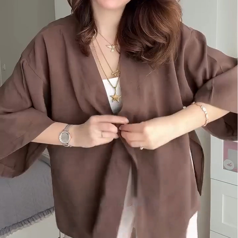 Women's Solid Color V-Neck Half Sleeve Cardigan Tops