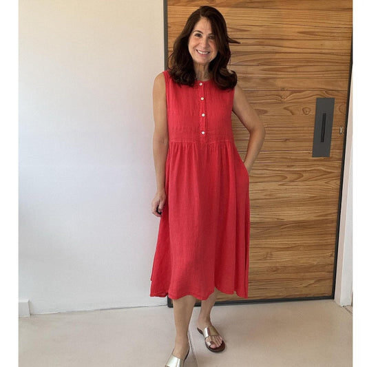 Solid Color Round Neck Sleeveless Button Dress