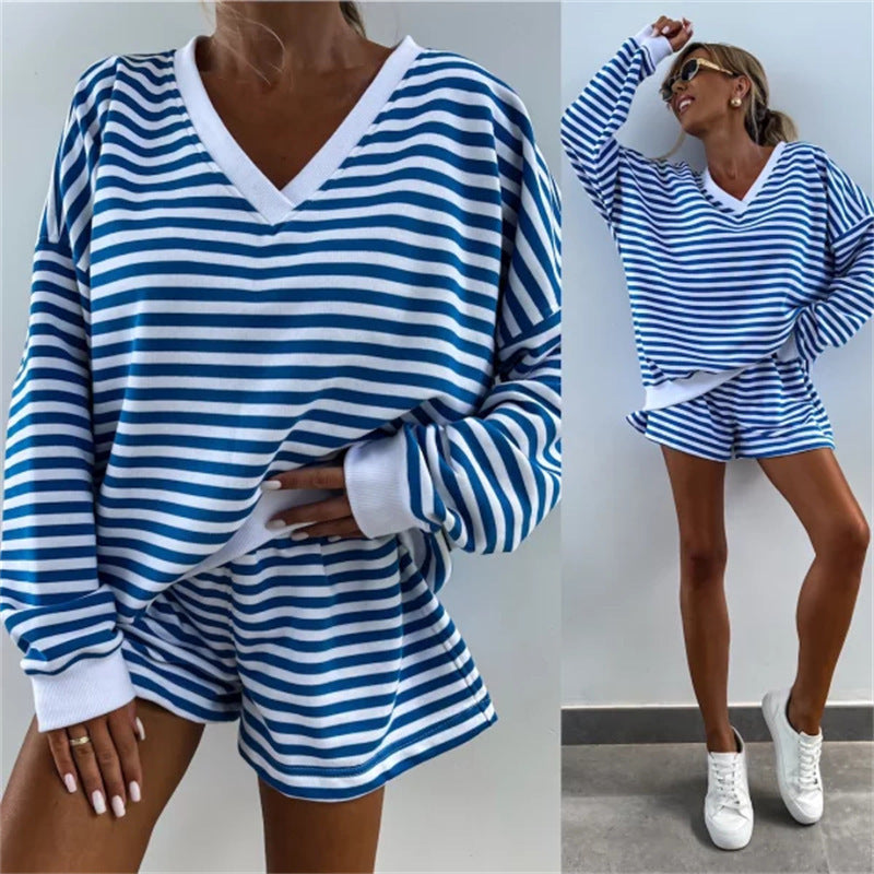 Women's Casual V-Neck Long Sleeve Top & Elastic Waist Shorts 2-Piece Set