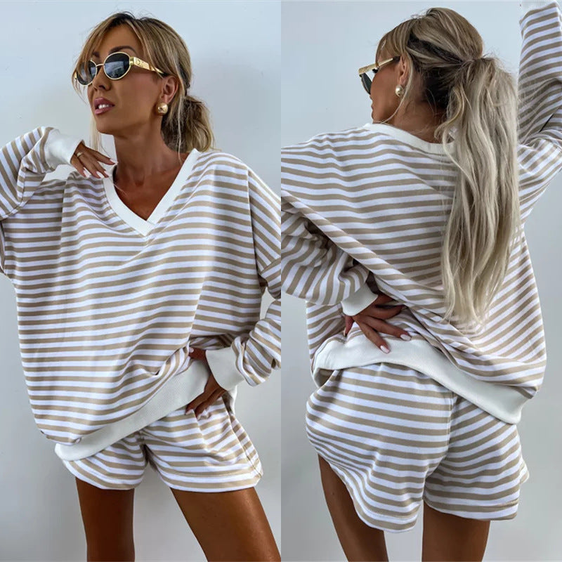 Women's Casual V-Neck Long Sleeve Top & Elastic Waist Shorts 2-Piece Set