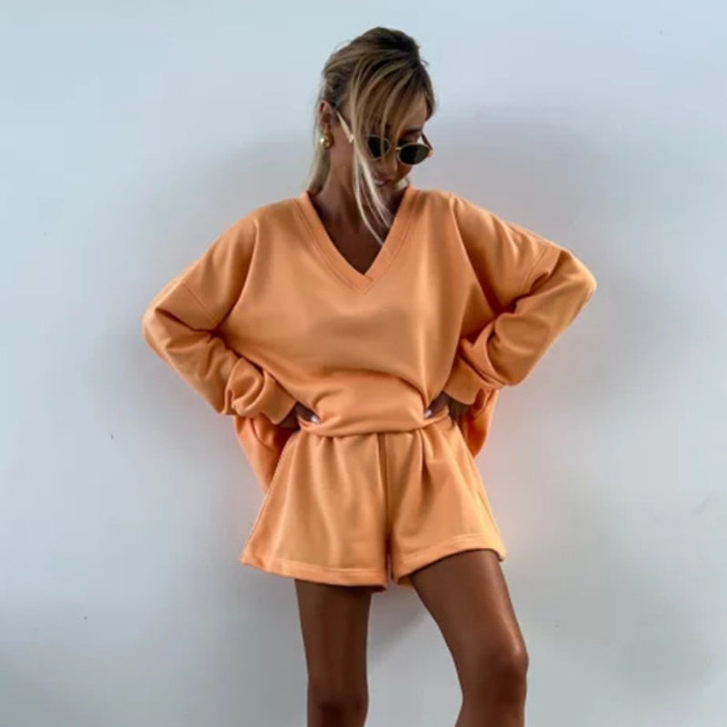 Women's Casual V-Neck Long Sleeve Top & Elastic Waist Shorts 2-Piece Set