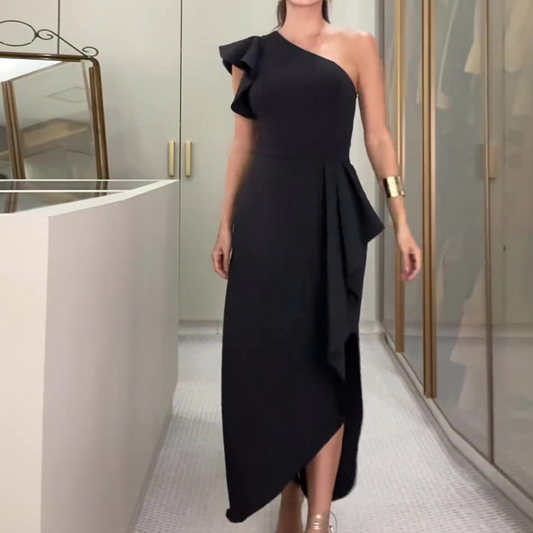 ⏰Limited Time Half Price -50% OFF 🔥Asymmetrical One Shoulder Ruffle Dress with Irregular Hem and Fitted Waist