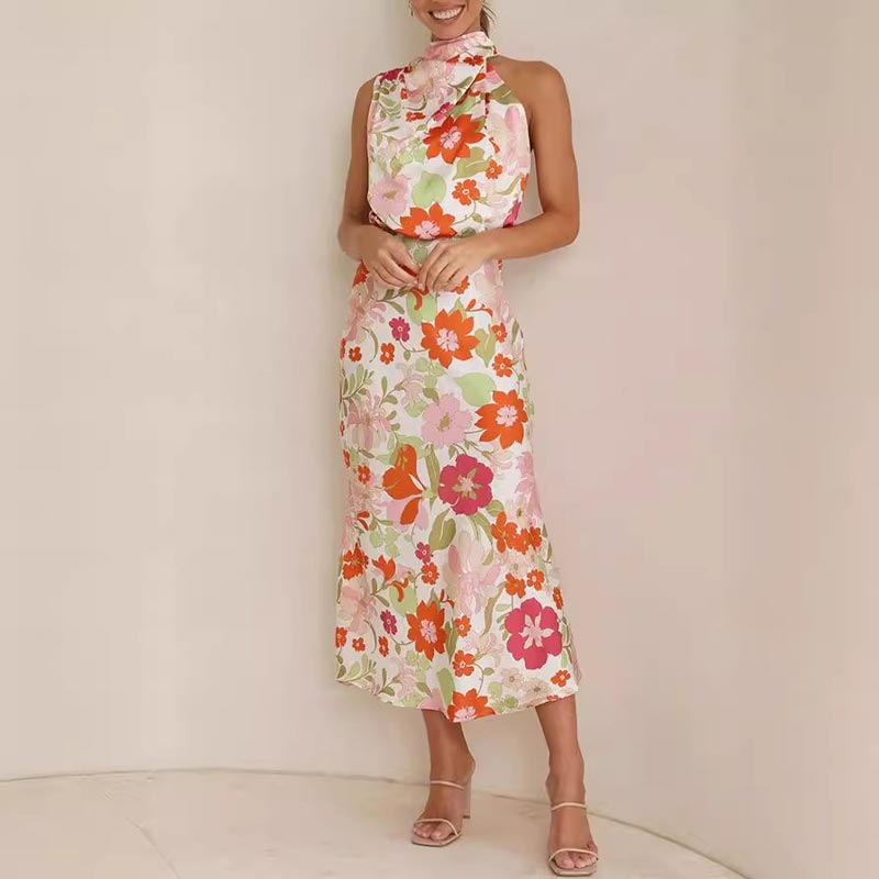 Love In The Garden Floral Halter Neck Elastic Waist Maxi Dress