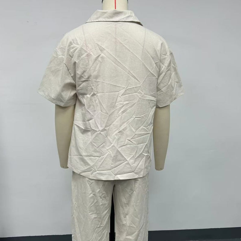 Cotton-Linen Short Sleeve Shirt & Loose Pants Set