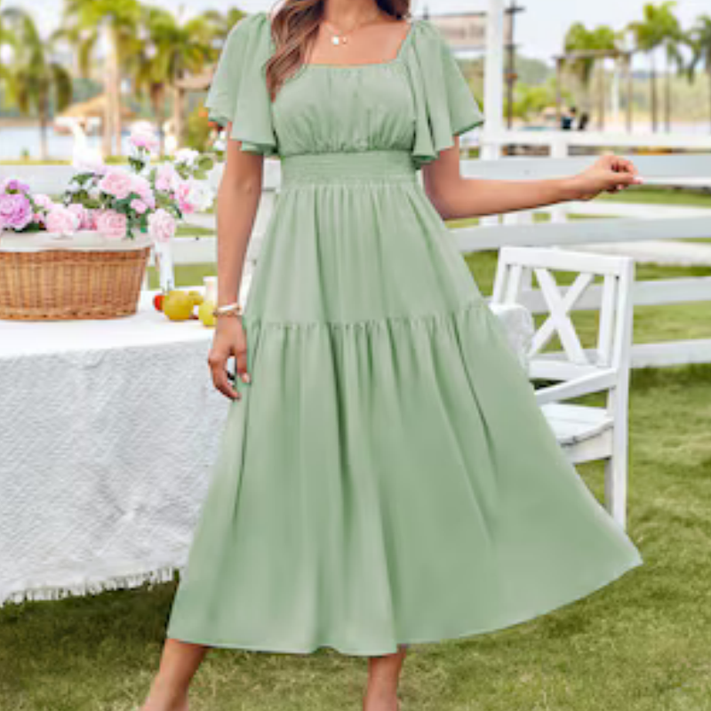 Women's Elegant Solid Square Neck Flowy Dress