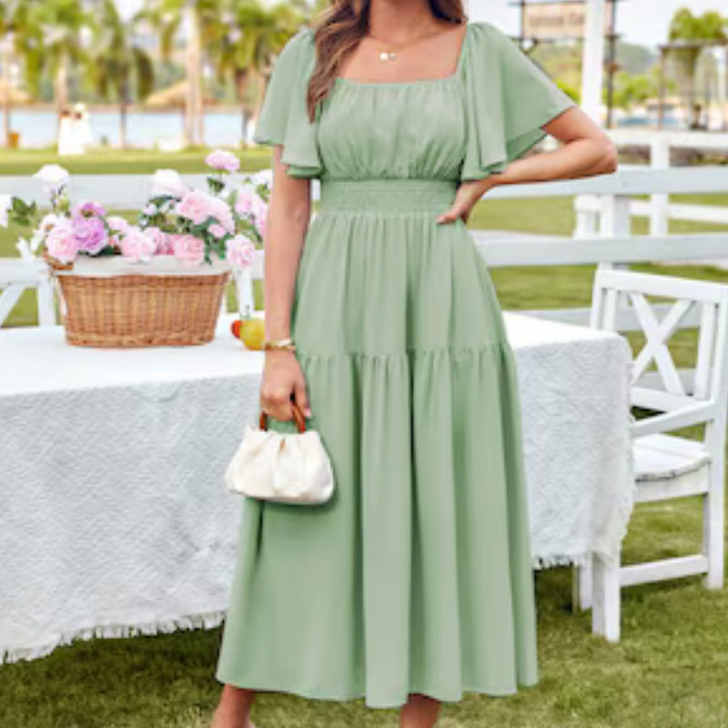 Women's Elegant Solid Square Neck Flowy Dress