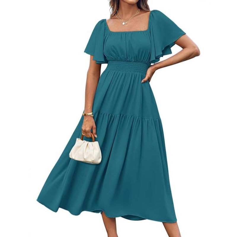Women's Elegant Solid Square Neck Flowy Dress