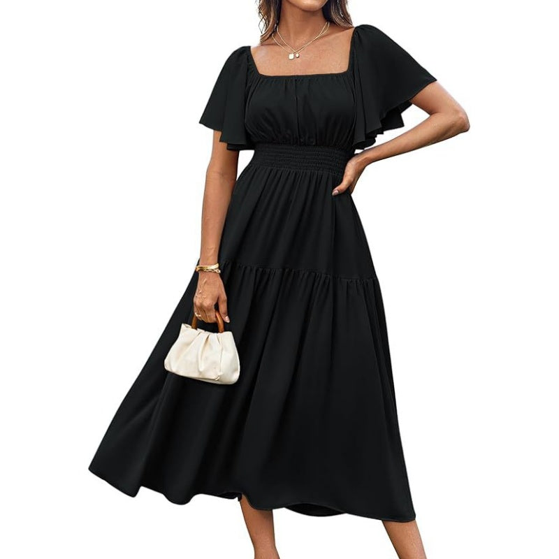 Women's Elegant Solid Square Neck Flowy Dress