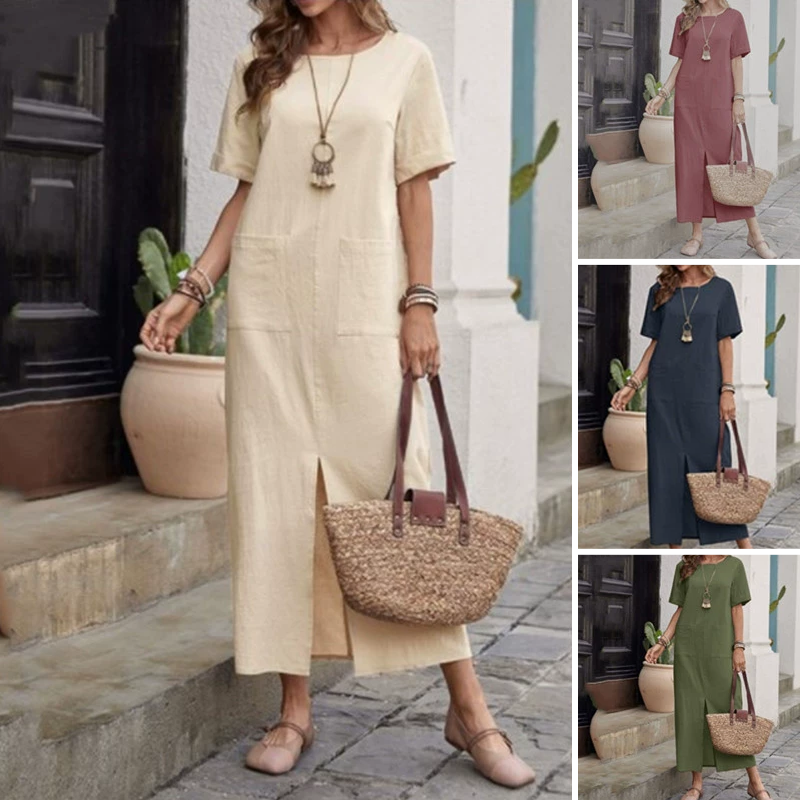 🥳2026 HOT SALE🥳💞Cotton-Linen Loose Round-Neck Dress