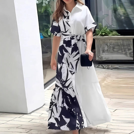 Women's Printed Color-Block Shirt Dress