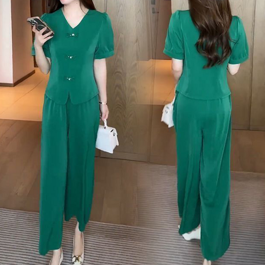 V-Neck Short Sleeve Top & Matching Wide-Leg Pants 2-Piece Set for Women