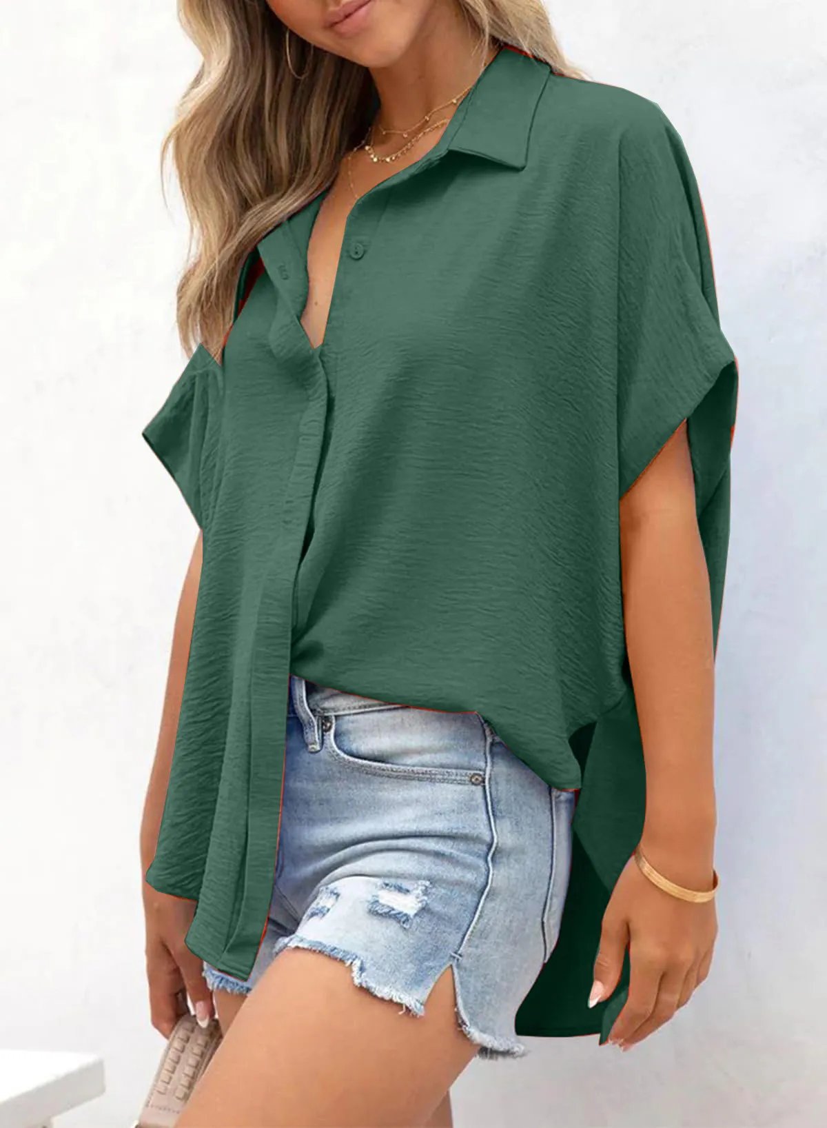 🔥Hot Sale 50% Off💥Women's Casual Button Short Sleeve Slit Hem Shirt Solid Color Tops