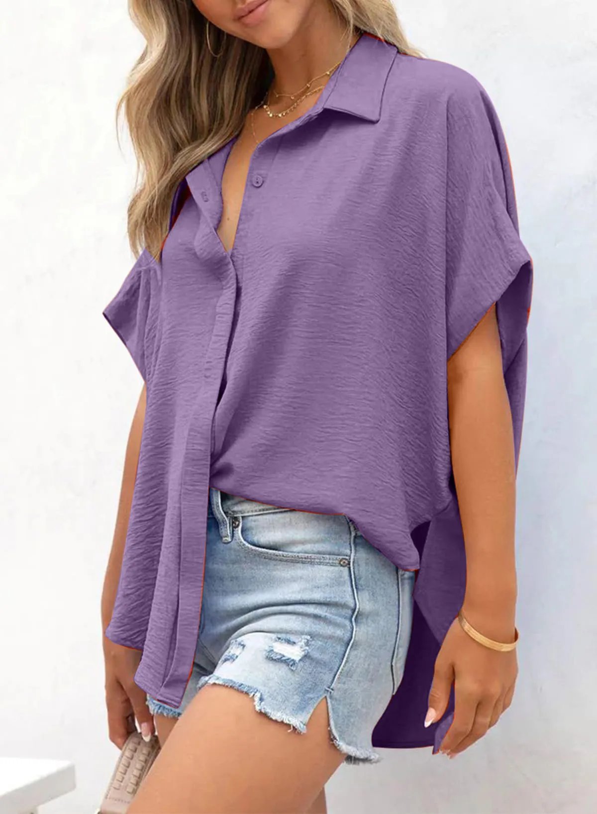 🔥Hot Sale 50% Off💥Women's Casual Button Short Sleeve Slit Hem Shirt Solid Color Tops