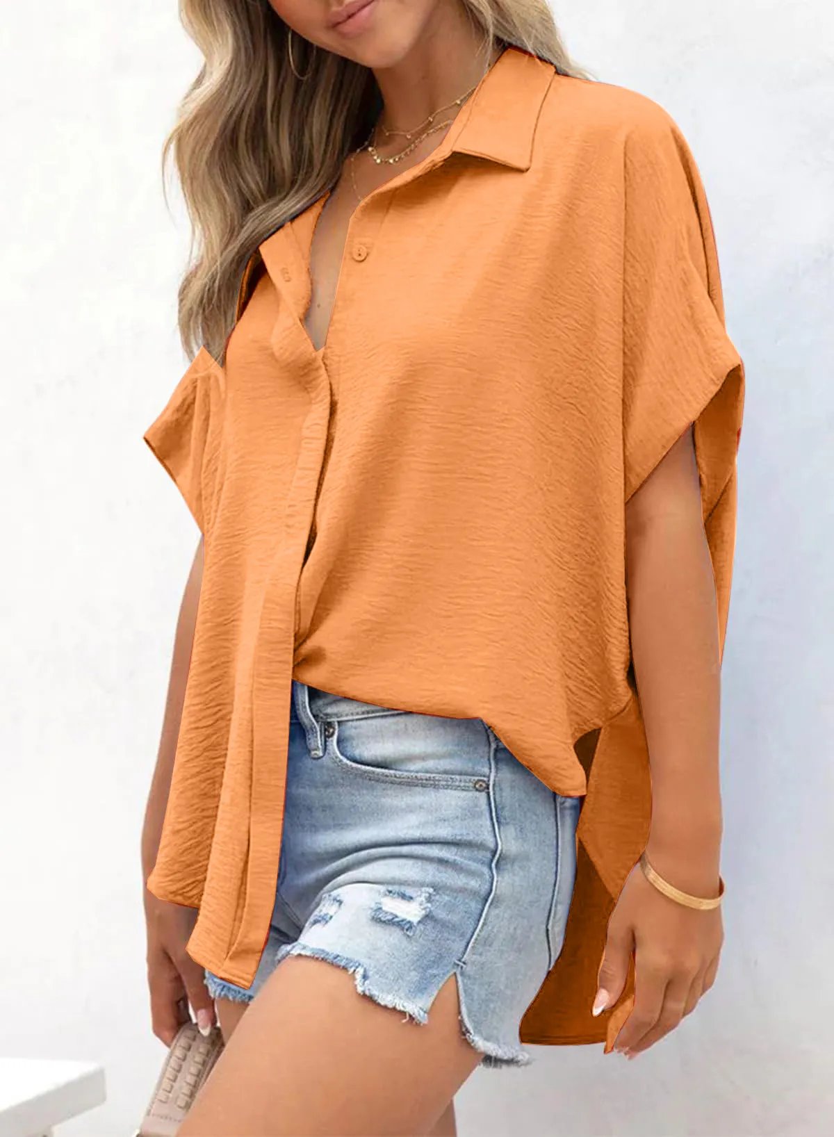 🔥Hot Sale 50% Off💥Women's Casual Button Short Sleeve Slit Hem Shirt Solid Color Tops