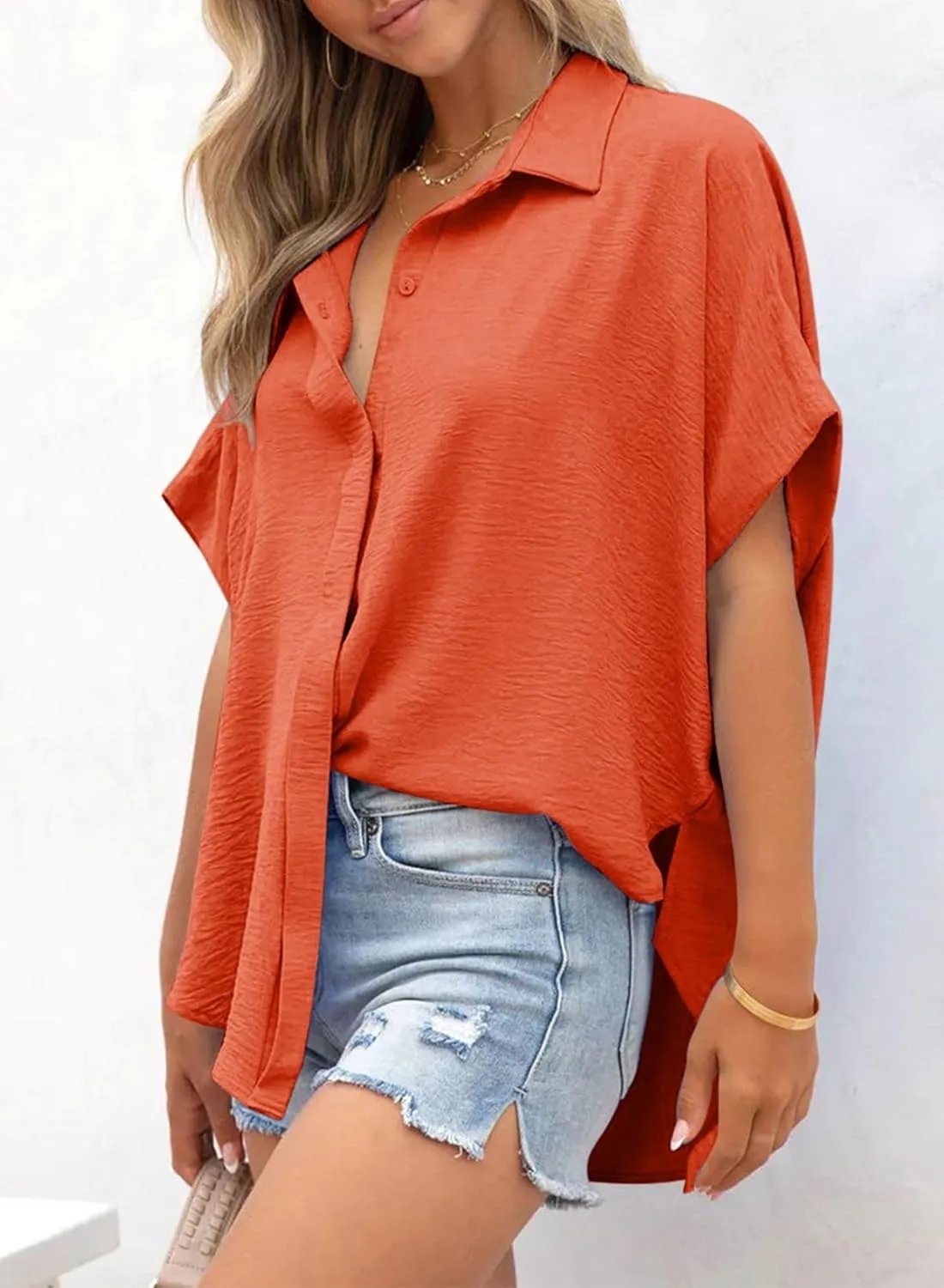 🔥Hot Sale 50% Off💥Women's Casual Button Short Sleeve Slit Hem Shirt Solid Color Tops