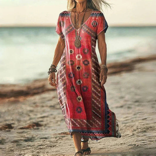 Women's Printed V-Neck Short-Sleeve Long Dress