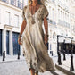 Women's Printed V-Neck Short-Sleeve Long Dress