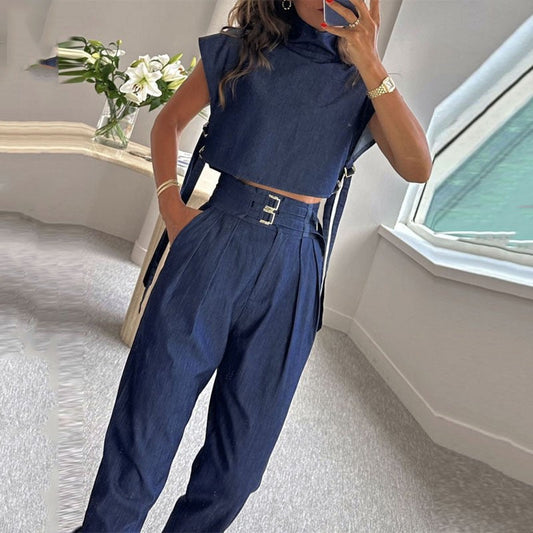 Women's Trendy Fashion High-Neck Short Top & High-Waist 3/4 Length Pants Outfits
