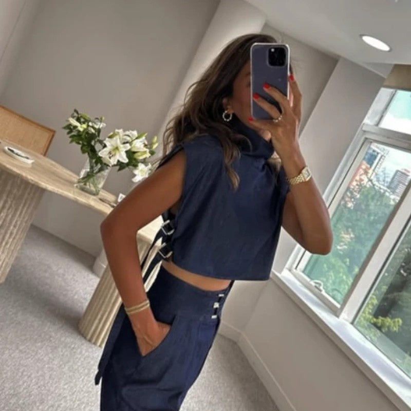 Women's Trendy Fashion High-Neck Short Top & High-Waist 3/4 Length Pants Outfits