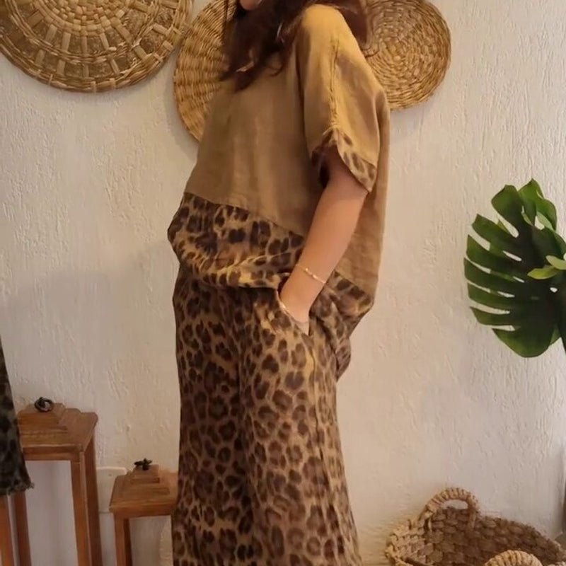 Stylish Patchwork Short Sleeve Top & Wide Leg Pants Two Piece Set