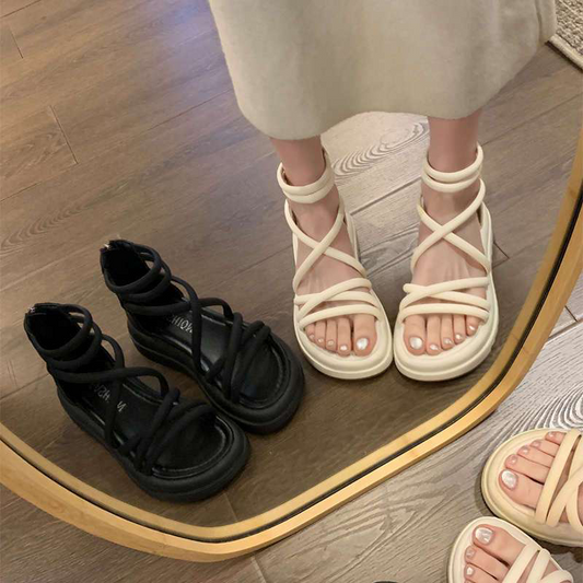 Women's Thick Sole Slip-Resistant Sandals with Crisscross Straps and Back Zipper