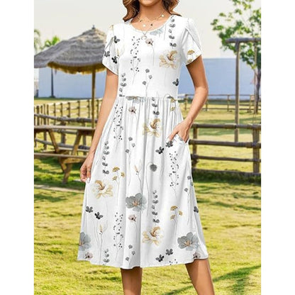 Women's Elegant Round Neck Midi Dress with Pockets