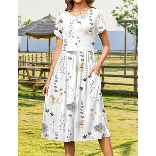 Women's Elegant Round Neck Midi Dress with Pockets
