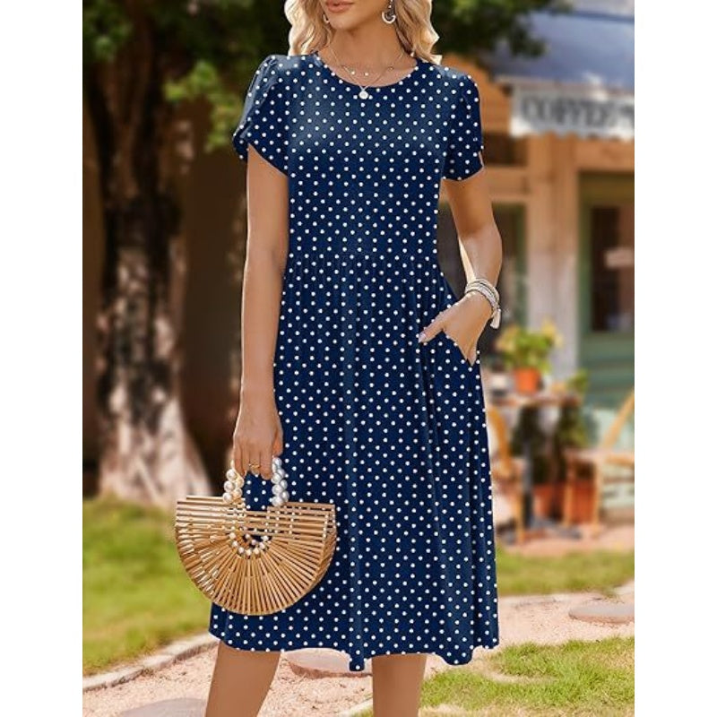 Women's Elegant Round Neck Midi Dress with Pockets
