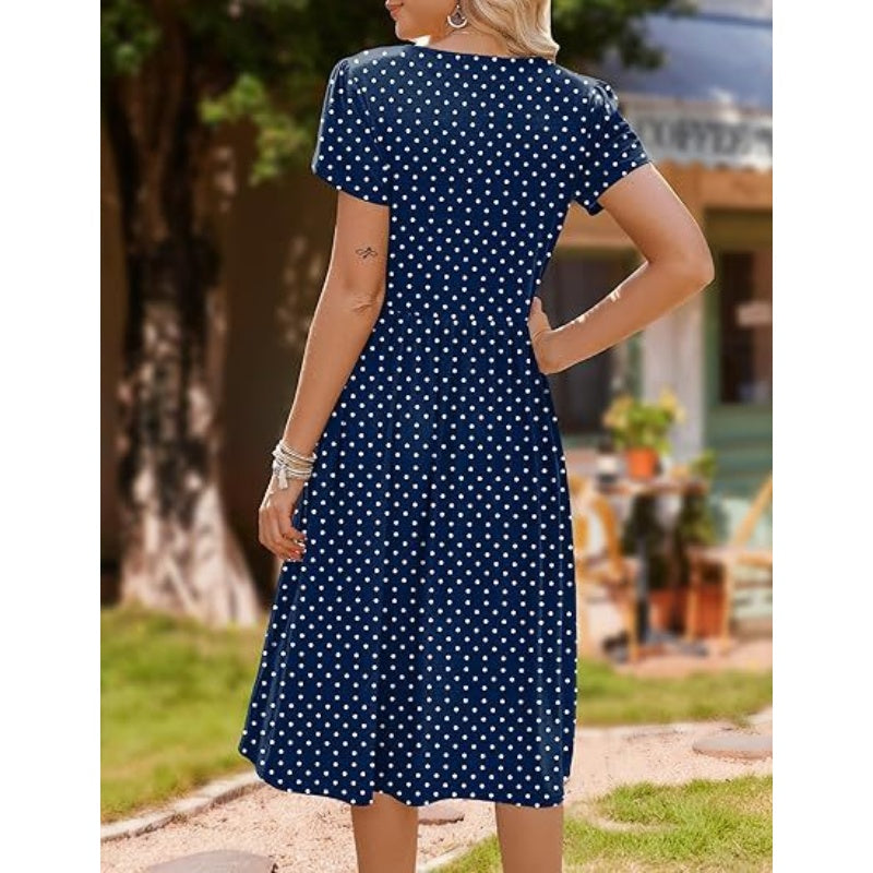 Women's Elegant Round Neck Midi Dress with Pockets