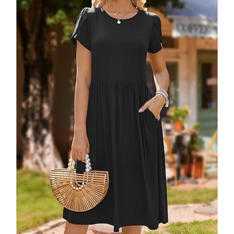 Women's Elegant Round Neck Midi Dress with Pockets