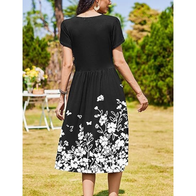 Women's Elegant Round Neck Midi Dress with Pockets