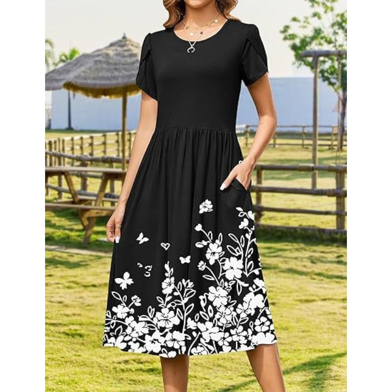 Women's Elegant Round Neck Midi Dress with Pockets