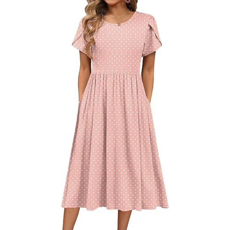 Women's Elegant Round Neck Midi Dress with Pockets