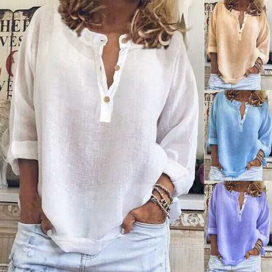 🔥Womens Casual Button V Neck Long Sleeve Shirts Oversized Solid Blouses Tops