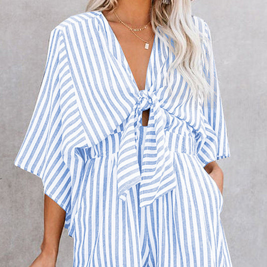 Women's Striped V-Neck Jumpsuit Shorts