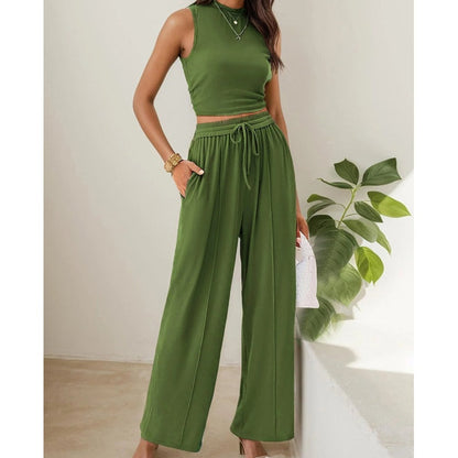 🌸New Arrival 50%OFF💖 Women's Summer Solid Short Crop Tank Top & Drawstring Wide Leg Pants 2-Piece Set