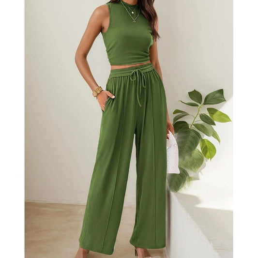🌸New Arrival 50%OFF💖 Women's Summer Solid Short Crop Tank Top & Drawstring Wide Leg Pants 2-Piece Set