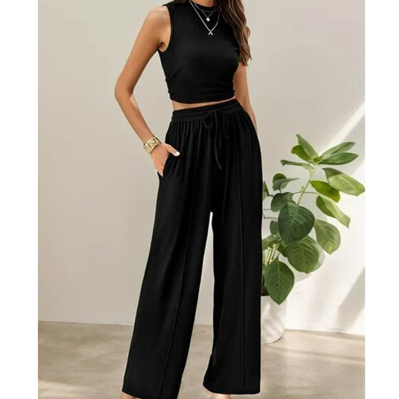 🌸New Arrival 50%OFF💖 Women's Summer Solid Short Crop Tank Top & Drawstring Wide Leg Pants 2-Piece Set