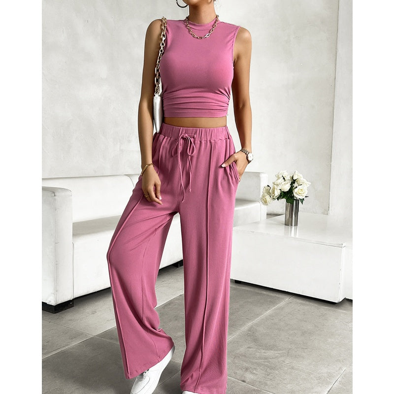 🌸New Arrival 50%OFF💖 Women's Summer Solid Short Crop Tank Top & Drawstring Wide Leg Pants 2-Piece Set