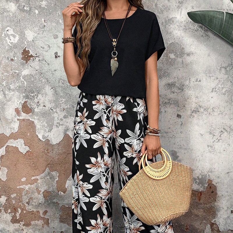 ⏰🔥LIMITED TIME 50% OFF! 💃 Women’s Casual Floral Print Wide-Leg Trousers & Short Sleeve Top Set – Flowy, Comfortable & Effortlessly Chic ✨🌸