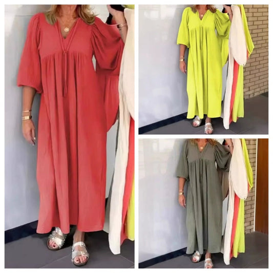 Bubble & 3/4 Sleeve V-Neck Maxi Dress
