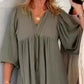 Bubble & 3/4 Sleeve V-Neck Maxi Dress