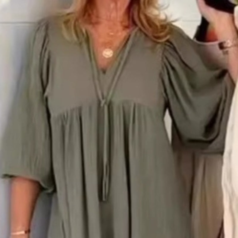 Bubble & 3/4 Sleeve V-Neck Maxi Dress