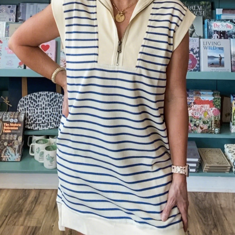 🎉Last Day Promotion 50% OFF💃Casual Knit Striped Dress with Zipper Neckline & Cap Sleeves