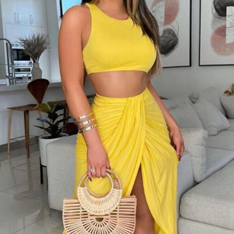 🌸New Arrival 50%OFF💖 Slim Sleeveless Top & Irregular Midi Skirt Set