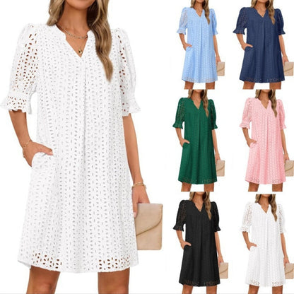Women's V-Neck Hollow Out Short Sleeve Dress