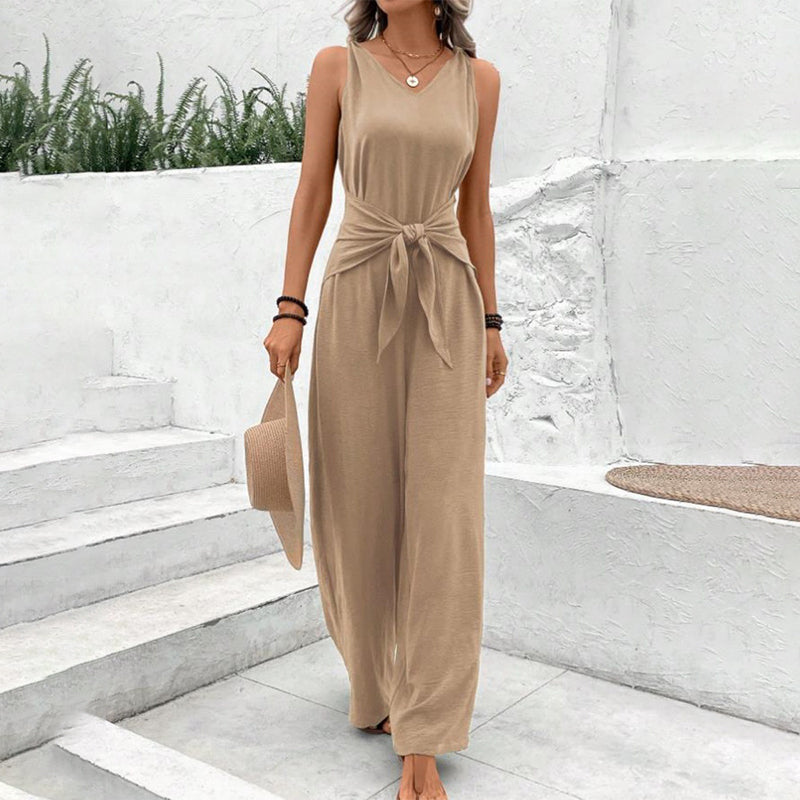 Women's Solid Waist Tie Jumpsuit