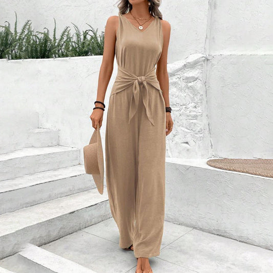 Women's Solid Waist Tie Jumpsuit